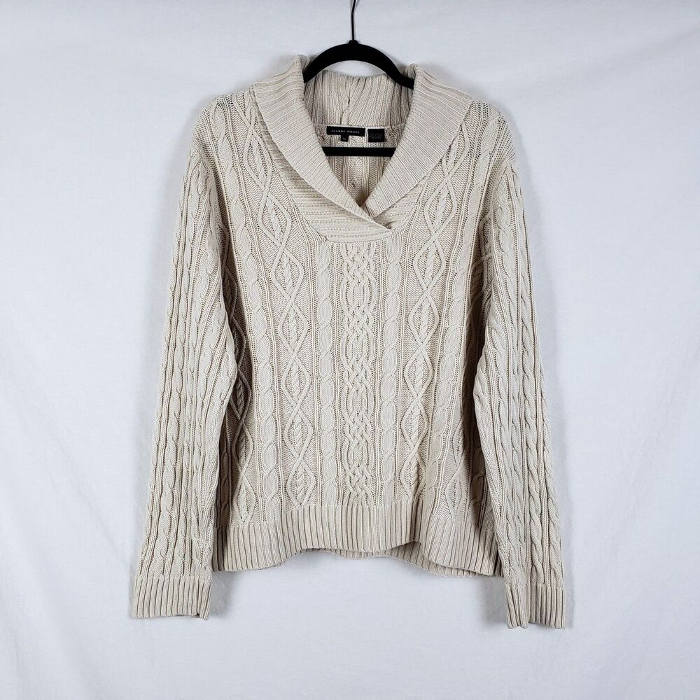 Jeanne Pierre Coastal Fisherman Cable Knit Sweater Womens XL Shawl Collar Cotton